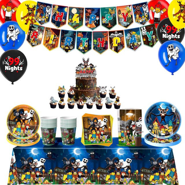 Roblox 99 Nächte im Wald Geburtstag Party Dekoration Set mit Ballons, Banner, Bechern, Tellern und Geschenktüten in Pink und Mehrfarbig von Discover Intime - Bild 1