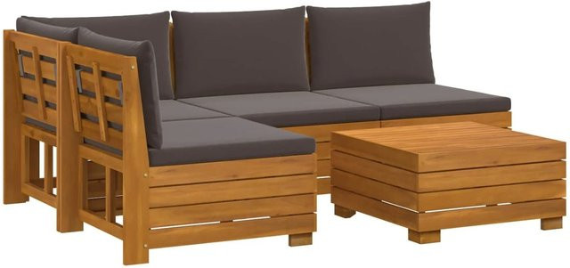 vidaXL Outdoor-Sofagarnitur aus Massivholz Akazie in Braun mit Kissen und Tisch, L-Form - Bild 1
