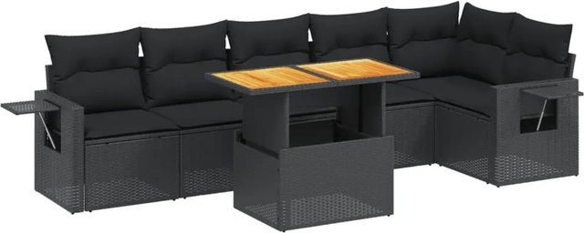 vidaXL 7-teilige Garten-Sofagarnitur in L-Form aus Poly-Rattan und Akazienholz mit Kissen in Schwarz - Bild 1
