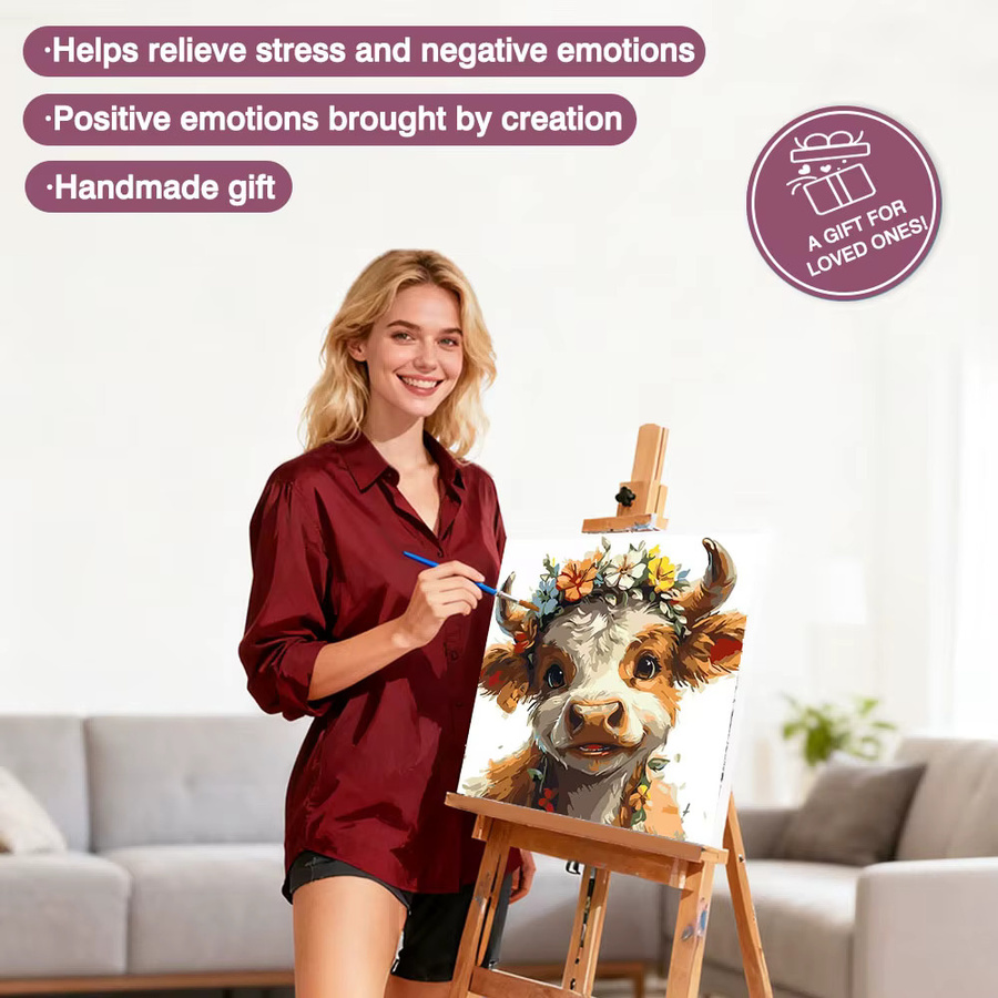 Huacan Malen nach Zahlen Set Kuh und Blumen für Erwachsene, DIY Digitales Ölgemälde auf Leinwand, Mehrfarbig - Bild 2