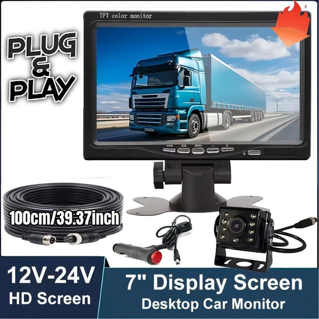 Bileeko 7-Zoll-Automonitor mit 8-LED-LKW-Kamera in Schwarz, universelles Plug-and-Play mit Weitwinkel und 10m Videokabel - Bild 1