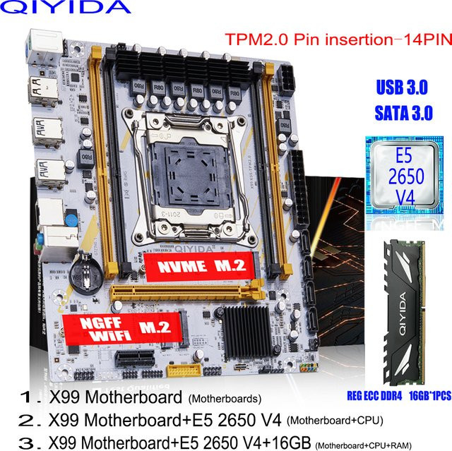 QIYIDA X99 Motherboard Set mit Xeon E5 2650 V4 CPU, 16 GB DDR4 ECC RAM und NVME M.2 Support, LGA 2011-3 Kit - Bild 1