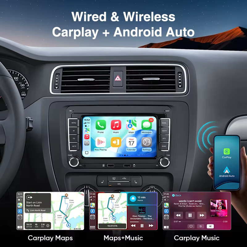 AINAVI 7 Zoll Autoradio mit kabellosem Carplay und Android Auto, HD IPS Touchscreen und Bluetooth, Schwarz, passend für VW Golf 5, T5, Polo 5, Golf 6, Golf Plus, Passat B6, B7, Tiguan und Jetta MK6 - Bild 3