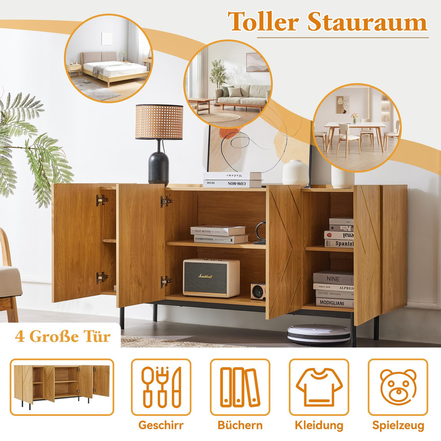 Flieks Sideboard Küchenschrank mit 4 Türen und Metall-Inlay in Naturholz Braun, B/T/H: 160 x 40 x 78 cm - Bild 3