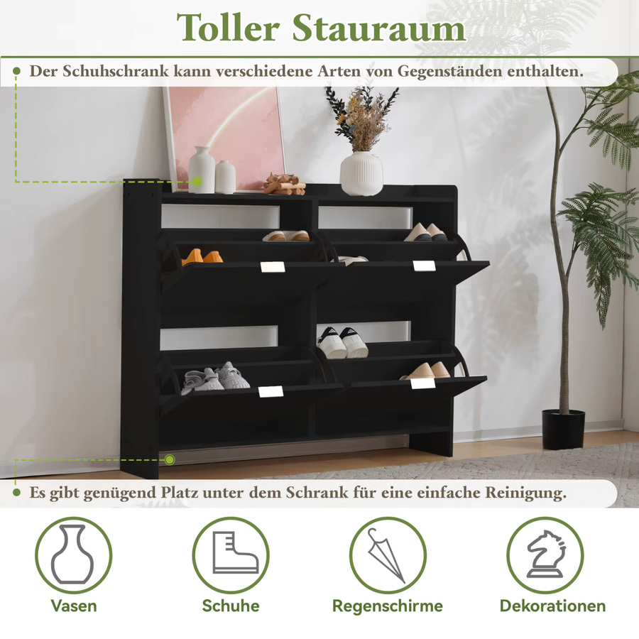 Anajqaqia Moderner Schuhschrank in Schwarz mit 4 Klappenfächern und offenen Regalen, B/T/H: 110 x 24 x 90 cm - Bild 3
