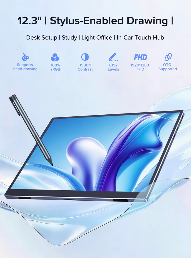 UPERFECT 12,3-Zoll Zeichenbrett mit Stylus, tragbarer IPS Touchscreen-Reisemonitor in Schwarz mit 1280P Auflösung - Bild 2