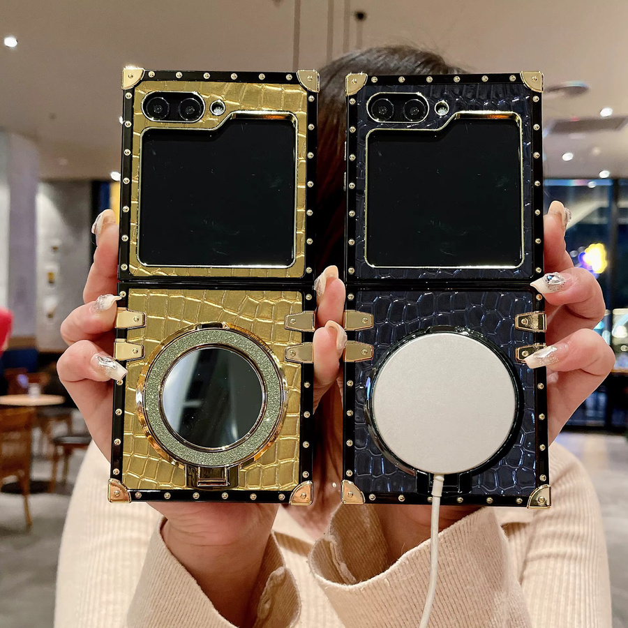 Luxus Handyhülle mit Krokodil-Textur und Glitzer-Spiegelhalter für Samsung Galaxy Z Flip 3 4 5 6 7 8 FE in Grün - Bild 2