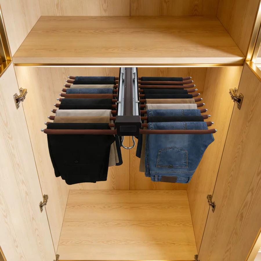 Bymaocar Hosenbügel mit 22 Stangen in Braun, beflockt und rutschfest, 15 kg Tragkraft mit geräuscharmer Gleitfunktion als Schrank-Organizer - Bild 3