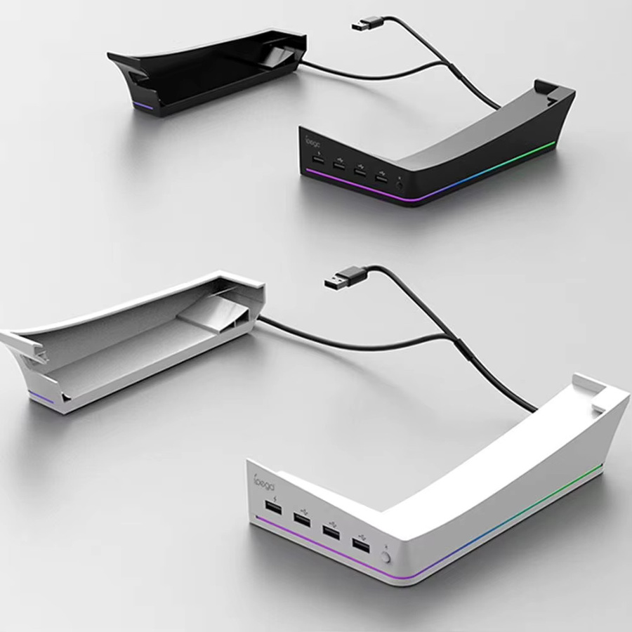 GEVBAY Horizontaler Aufbewahrungsständer für PS5 Pro mit digitalem und optischem Laufwerk, 14 Lichtmodi und 4 USB-Hubs, Weiß - Bild 6