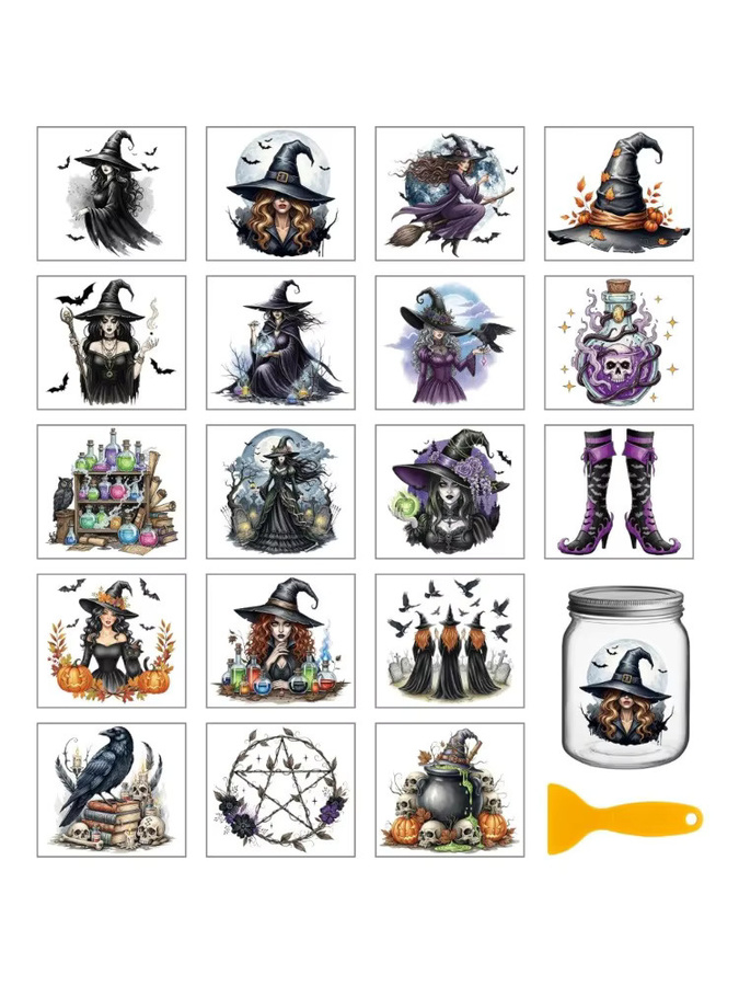 18 Blatt Halloween Hexen Transferaufkleber in Multicolor für Tassen und Vasen, Größe pro Aufkleber: Breite: 9,9 cm, Höhe: 9,1 cm - Bild 3