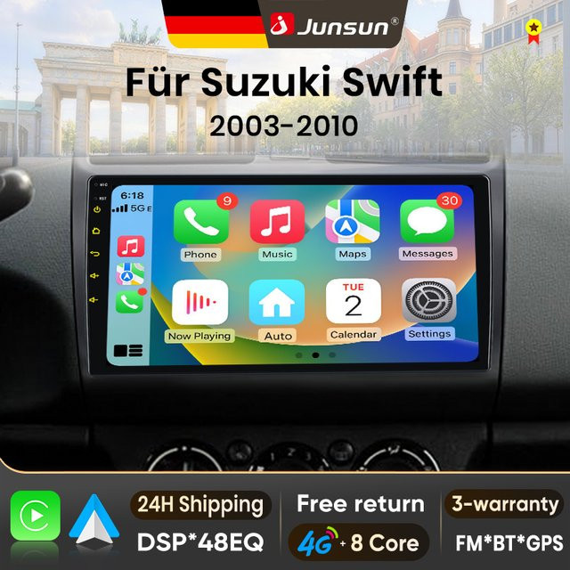 Junsun Android 15 Autoradio für Suzuki Swift 2006-2010 mit kabellosem Apple CarPlay, IPS-Touchscreen und Bluetooth in Schwarz - Bild 1