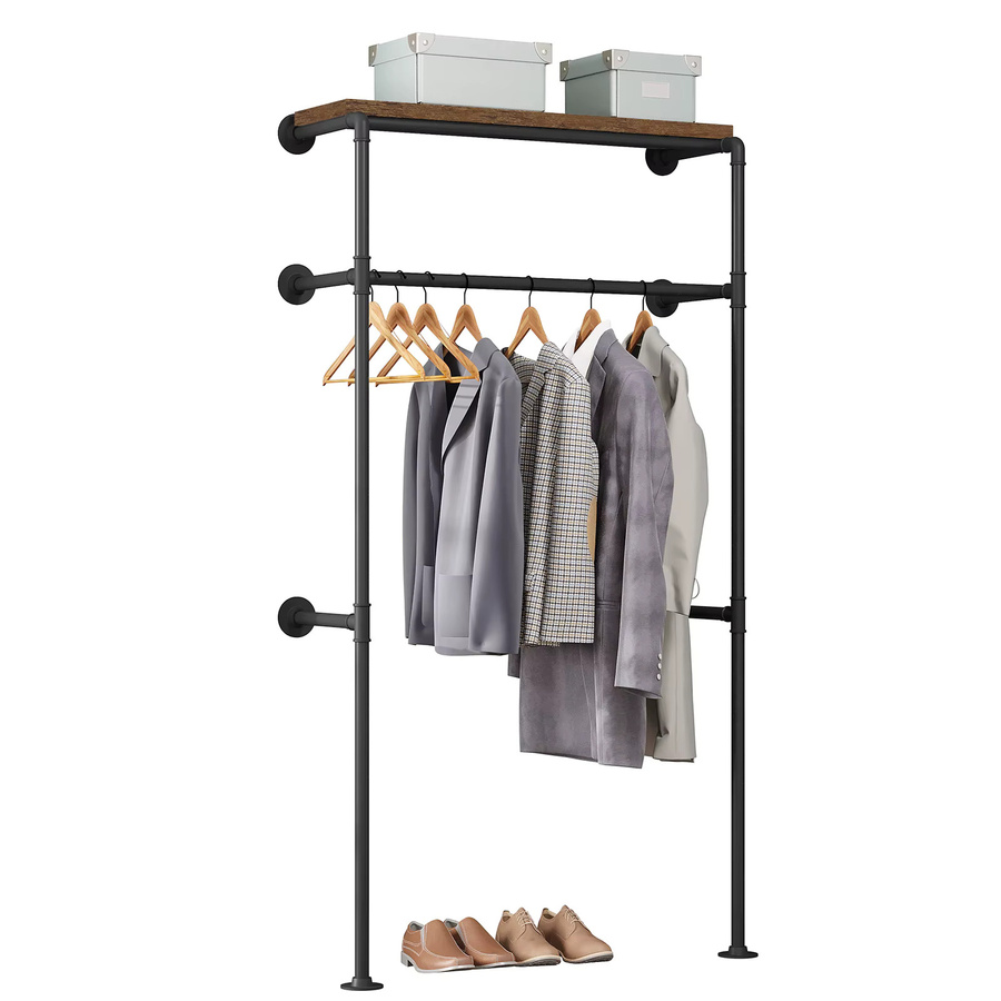 WOLTU Kleiderschrank zur Wandmontage im Industrial Design mit Kleiderstange aus Metall und MDF-Hängeregal, Schwarz - Bild 2