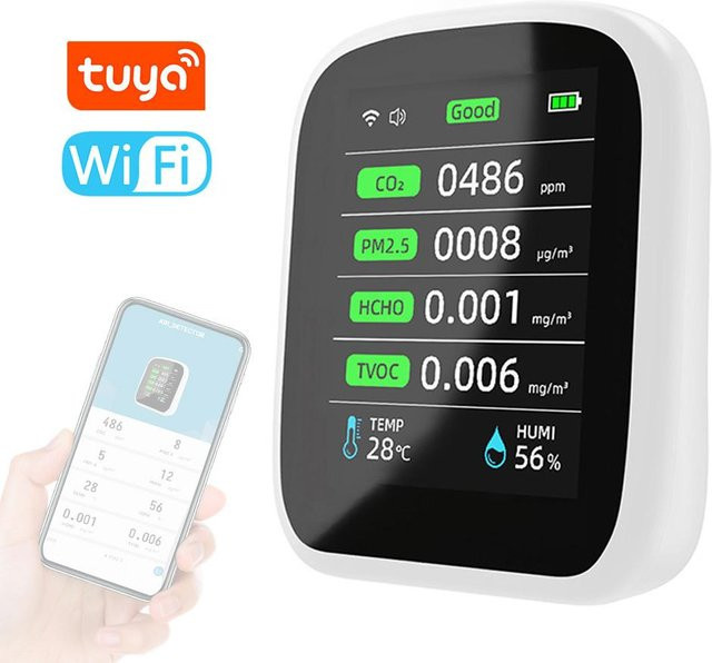 Tuya Wifi Tragbares 8in1 Luftqualitätsmessgerät von TOMTOP JMS zur Messung von PM1.0 PM2.5 PM10 CO2 TVOC HCHO Temperatur und Luftfeuchtigkeit in Bunt und Weiß - Bild 1
