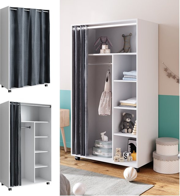 Vicco Kinderkleiderschrank Doros Garderobe Weiß modern B: 100 cm, H: 168 cm, rollbar und offen - Bild 1