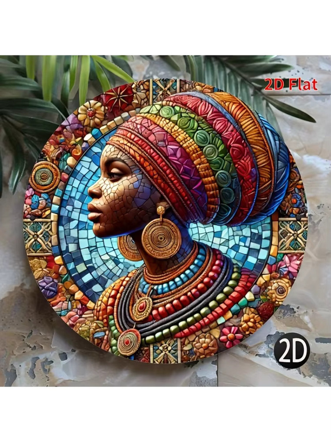 Potdemiel Afrikanische Damen-Mosaik Metallwandkunst, Runde Aluminium-Wanddekoration mit Ethnic-Mustern, Mehrfarbig, Durchmesser: 20,3 cm - Bild 4