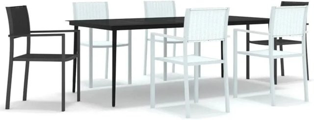 vidaXL 7-teilige Garten-Essgruppe mit Tisch und Stühlen in Schwarz und Weiß aus pulverbeschichtetem Stahl und gehärtetem Glas im Rattan-Design - Bild 1