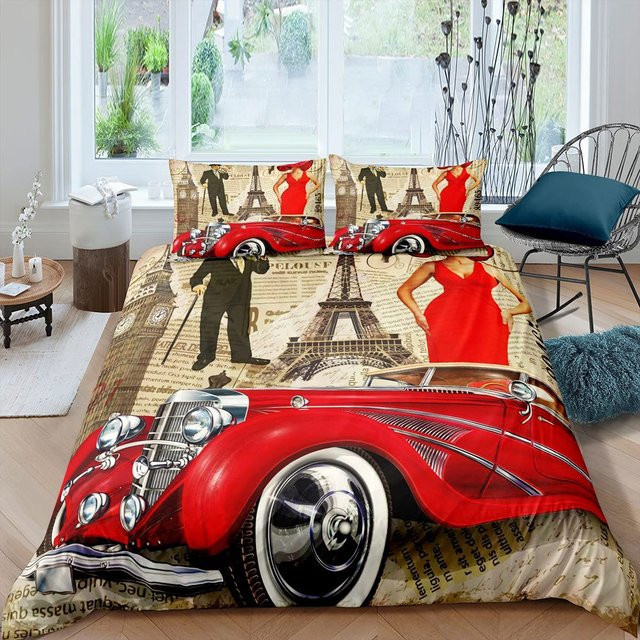 Bettwäsche-Set Your Warm Home Eiffelturm Design in Grau mit Vintage-Zeitungsprint, Queen-Size, B/H: 135 x 200 cm, inklusive 2 Kissenbezüge (50 x 70 cm) - Bild 1
