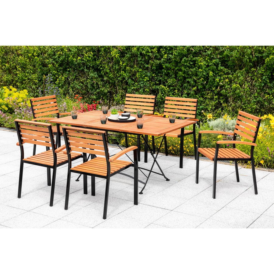 Merxx Schlossgarten 7-tlg. Gartenmöbelset aus Eukalyptusholz und Stahl in Schwarz und Grau mit ausziehbarem Klapp-Gartentisch, Breite: 100 bis 150 cm, Tiefe: 90 cm, Höhe: 74 cm - Bild 2