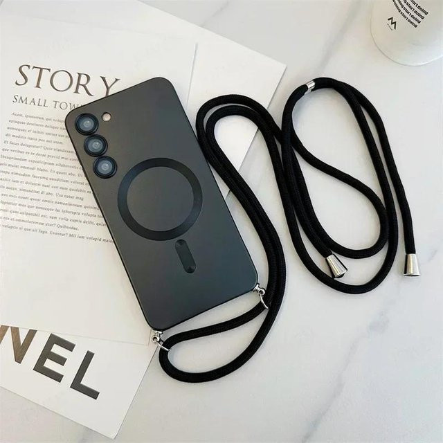 Magnetische Silikon Hülle mit Umhänge-Lanyard für Samsung Galaxy S26 S25 S24 S23 S22 Plus Ultra FE kompatibel mit MagSafe in Schwarz - Bild 1