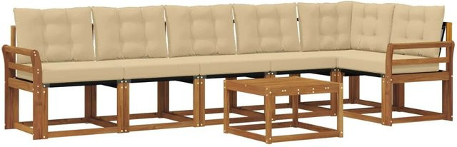 vidaXL Outdoor-Sofagarnitur 7-teilig aus Akazienholz und Textilene in Natur und Beige mit Kissen und Armlehnen - Bild 1