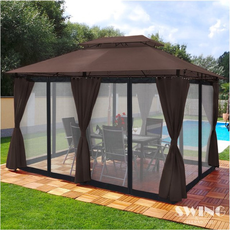 Swing&Harmonie Luxus LED Pavillon Minzo Braun mit Seitenwänden, LED-Beleuchtung, Solarmodul und Moskitonetz B/T/H: 4 x 3 x 2,5 m