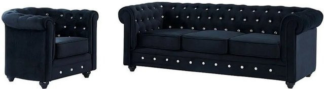 Vente-unique Chesterfield Couchgarnitur aus Samt mit 3-Sitzer-Sofa und Sessel in Schwarz, Breite: 205 cm, Tiefe: 82 cm - Bild 1