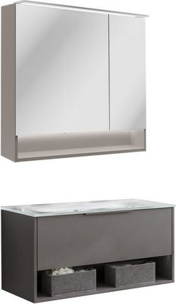 Fackelmann Badmöbel-Set B.Paris in Cubanit Grau mit Spiegelschrank, Glaswaschbecken und LED-Beleuchtung, Breite: 90,5 cm - Bild 1