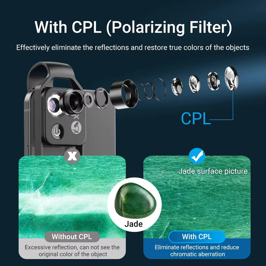 Apexel 200x Mini-Mikro-Makro-Objektiv mit CPL-Filter und LED-Licht in Schwarz für iPhone 15 14 13 und Samsung Smartphones - Bild 3