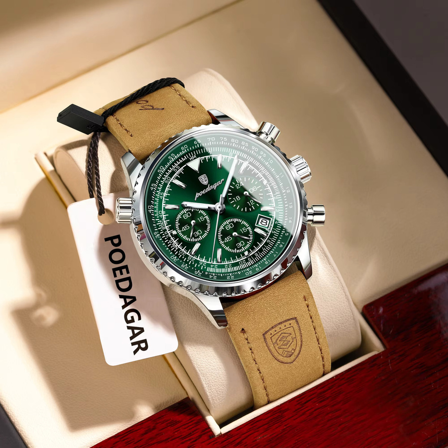 POEDAGAR Chronograph, Quarz, Leder, Herren, Grün, Silber - Bild 2