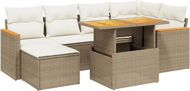 vidaXL 7-teilige Garten-Sofagarnitur aus Poly-Rattan und Akazienholz in Beige-Creme mit Kissen - Bild 1