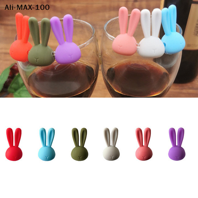 Hoeaden 6er Set Cartoon 3D Hasenohren Weinglas-Marker in Multicolor zur Glas-Erkennung für Rotwein und Champagner - Bild 1