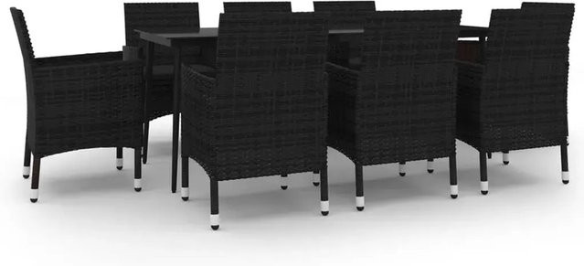 vidaXL 9-teilige Garten-Essgruppe aus Poly-Rattan und Glas in Schwarz mit Kissen - Bild 1