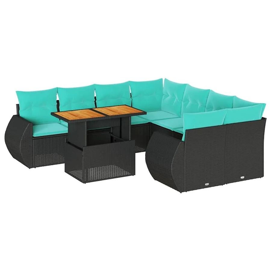vidaXL 9-teilige Garten-Sofagarnitur aus Poly-Rattan und Akazienholz in Schwarz mit Kissen - Bild 2