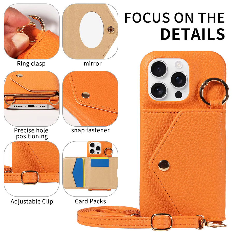 Crossbody PU-Leder-Handyhülle mit Spiegel für iPhone 17 17 Air 17 Pro 17 Pro Max 16 15 14 13 Pro in Pink und Orange mit Anti-Drop und Anti-Entmagnetisierung - Bild 5