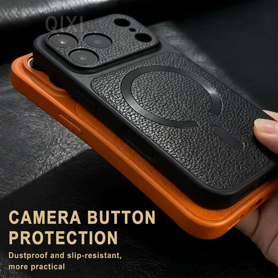 QIXTWO Magnetische Kunstleder-Handyhülle in Orange mit kabelloser Ladefunktion und stoßfestem TPU Softcover für iPhone 13 14 15 16 17 Pro Max Plus Air - Bild 2