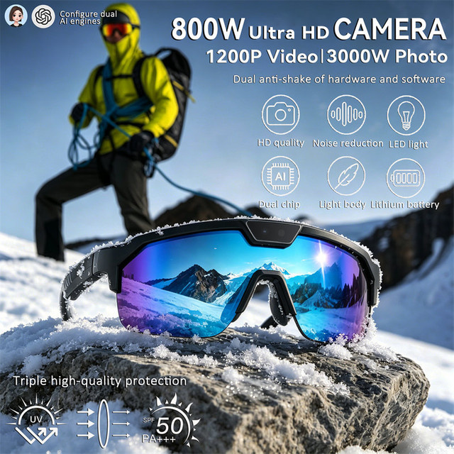 GUHUAVMI Outdoor AI Smart-Brille für Herren mit HD 800W Kamera, Bluetooth-Anruffunktion, Übersetzungsfunktion und Anti-UV-Schutz in Schwarz oder Blau - Bild 1
