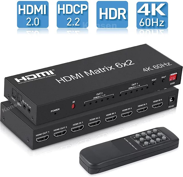 Konsenda 6x2 HDMI Matrix Switch 4K 60Hz Video Switcher Splitter mit optischem R/L Audio Extractor, Schwarz - Bild 1