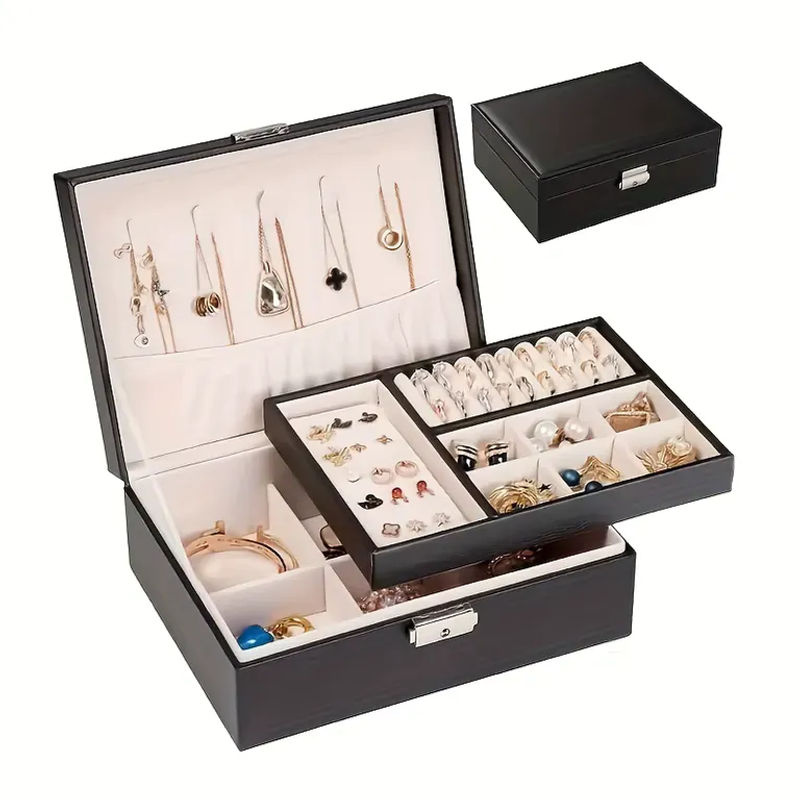 Schmuckaufbewahrungsbox von vaiquela in Schwarz aus Leder mit Schloss und zwei Ebenen für Ringe und Halsketten - Bild 3