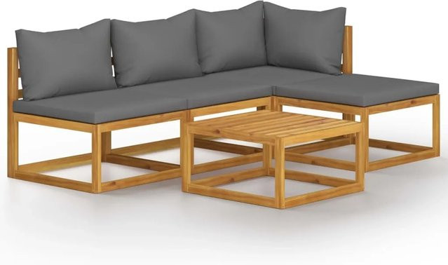 vidaXL 5-tlg. Garten-Lounge-Set aus massivem Akazienholz mit grauen Polstern in L-Form - Bild 1