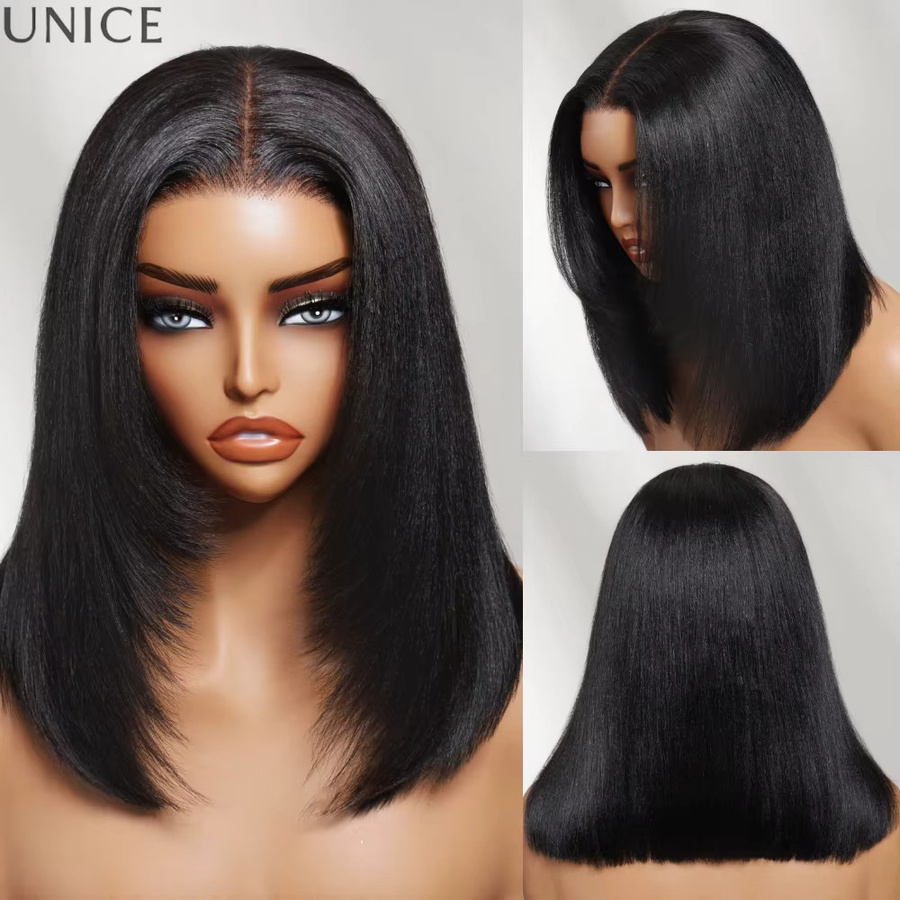 UNice Layered Cut Yaki Straight Human Hair Bob Wig, 150% Density - Bild 2