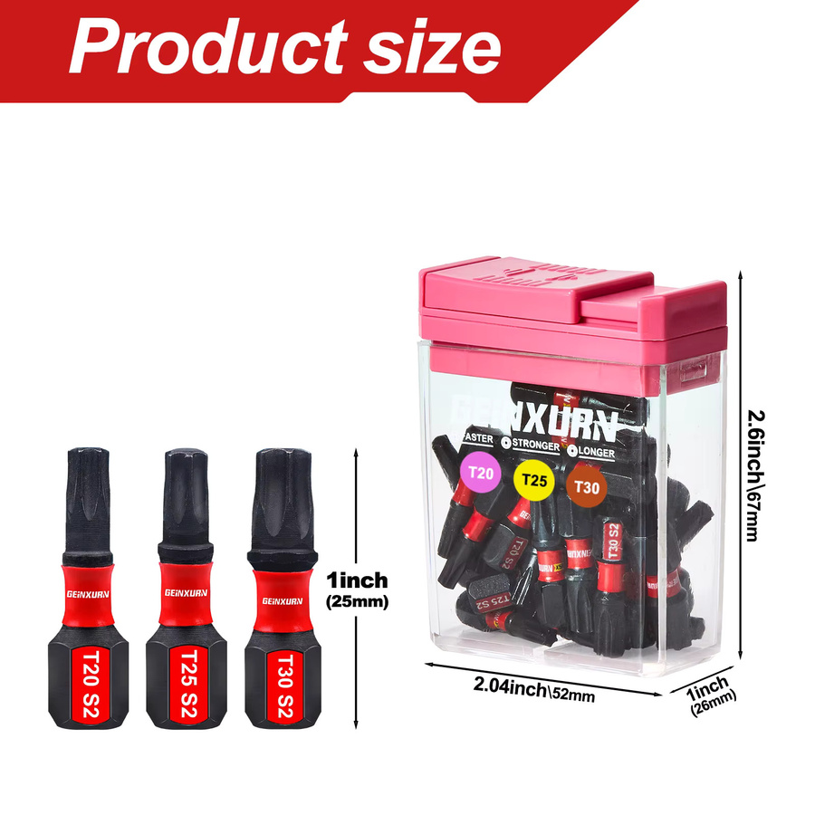 Geinxurn 30-teiliges Schlag-Torx-Schraubendreher-Bit-Set aus S2-Stahl in Rosa mit Aufbewahrungsbox - Bild 2