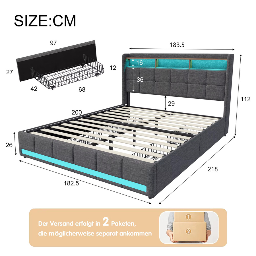 FEEOHOME Polsterbett mit 4 Stauraum Schubladen und LED-Kopfteil inklusive USB-Ladefunktion, Doppelbett aus Leinen in Grau, B/T: 180 x 200 cm - Bild 2