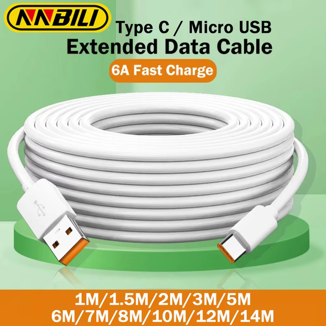 NNBILI Universal Micro-USB und USB-C Ladekabel in Weiß, extra lang von 1m bis 14m für Android-Smartphones, Kameras und VR-Geräte - Bild 1