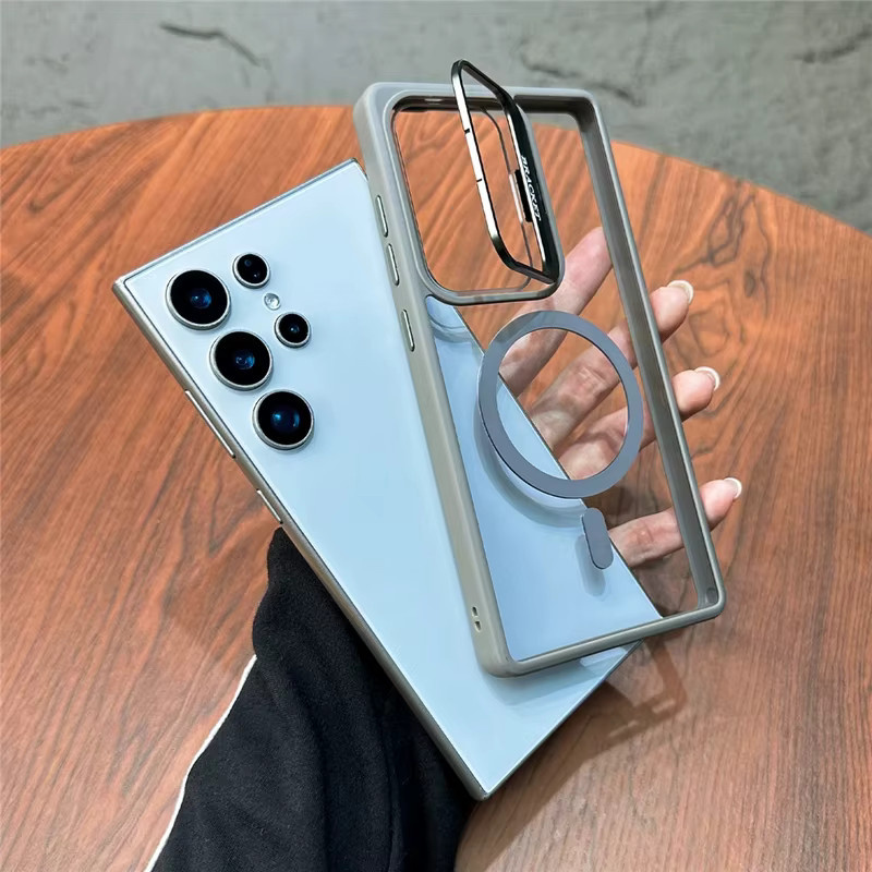 MagSafe Magnetische Schutzhülle mit versteckter faltbarer Kameraobjektiv-Halterung für Samsung Galaxy S26 S25 Ultra S24 S23 Plus, Transparent/Grau - Bild 2