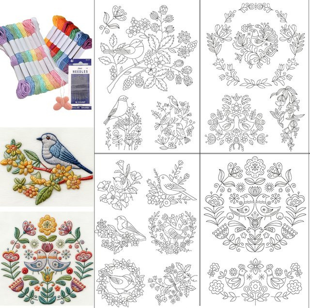 14 Stück selbstklebende Vlies-Stickmuster mit Vogel-Motiv, wasserlöslicher Stickerei-Stabilisator - Bild 1
