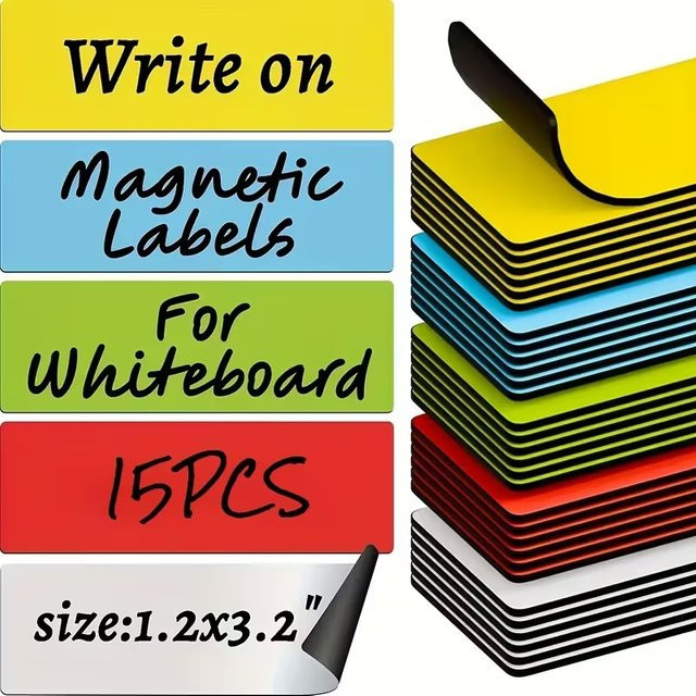 15 Stück beschreibbare magnetische Etiketten in Multicolor, wasserdichte Whiteboard-Magnetetiketten für Kühlschrank, Büro und Regale, Breite: 3,05 cm, Höhe: 8,13 cm - Bild 1