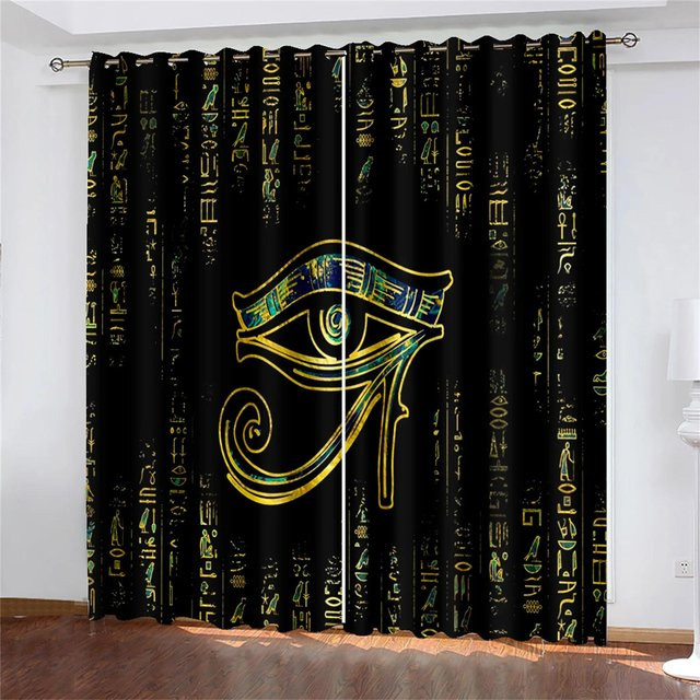 Yiran Furniture Vorhänge mit ägyptischem Design, Pharao und Löwe, Schwarz-Gold, lichtfilternd, 2-teilig, Breite: 60 cm, Höhe: 60 cm - Bild 1