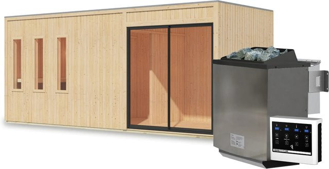 Karibu Saunahaus Huelva in Elementbauweise mit 9 kW Bio-Ofen, Farbe Braun, Naturbelassen - Bild 1