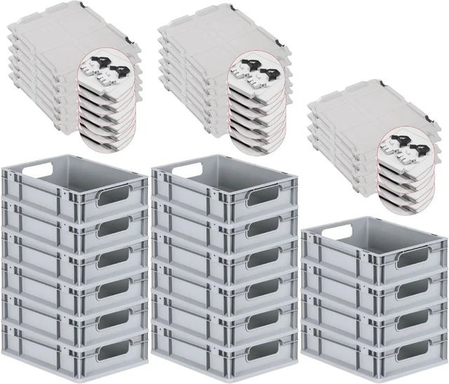 PROREGAL Spar Set 16x Eurobox Nextgen Economy mit Scharnierdeckel und schwarzen Schiebeschnappverschlüssen, Grau/Schwarz, H x B x T: 12 x 30 x 40 cm, 11 Liter - Bild 1