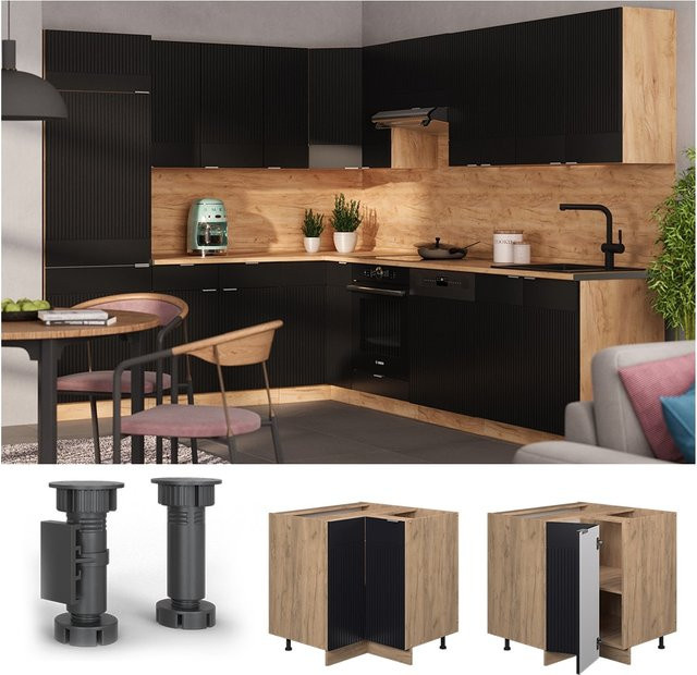 Vicco Eckunterschrank Fame-Line in Eiche Schwarz gestreift mit Arbeitsplatte in Marmor-Weiß, Höhe: 87 cm - Bild 1